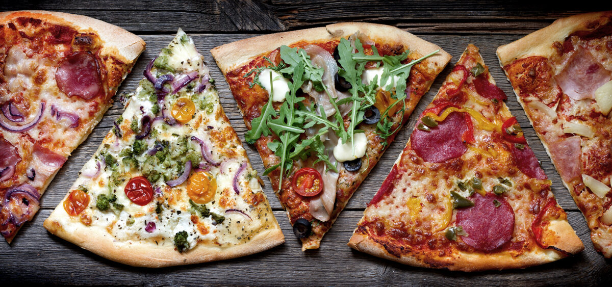 Verschiedene Pizzastücke: Rucola, Salami, Proscuitto, Verdure
